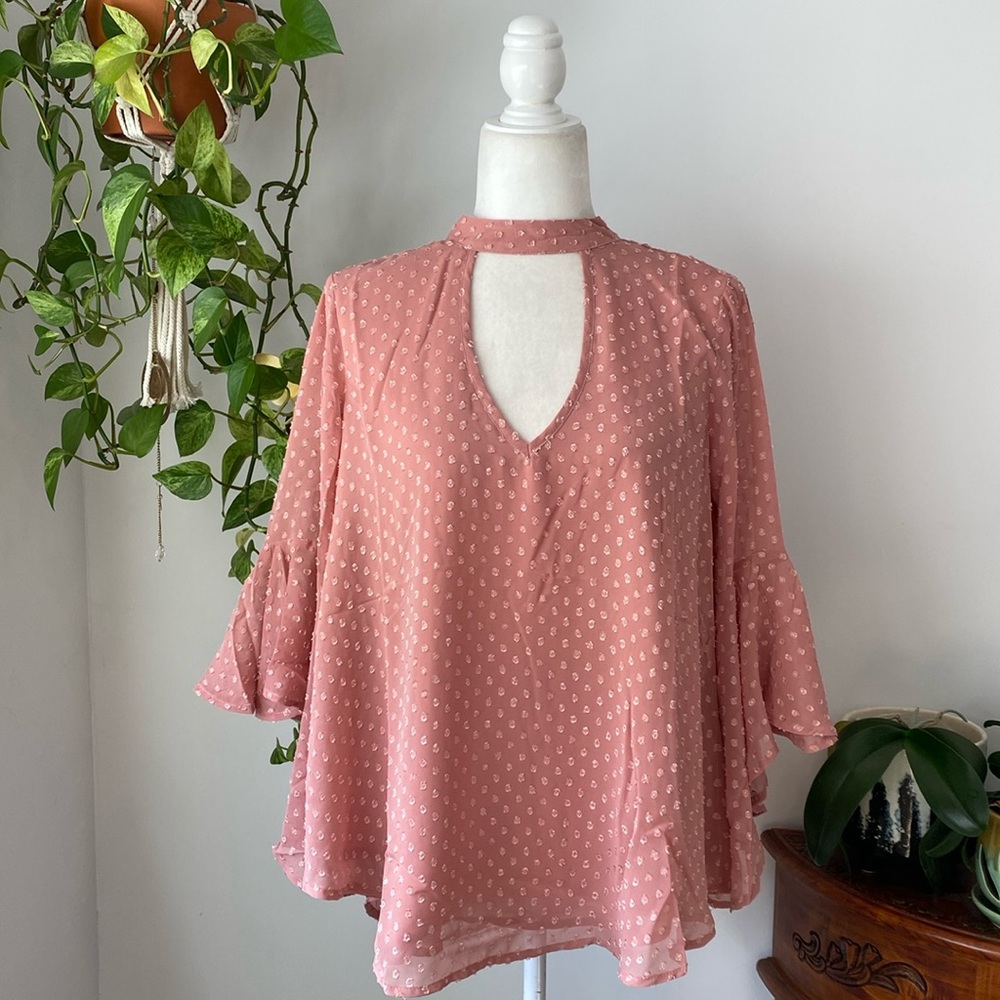 NWT Band of Gypsies Bell Sleeve French Dot Tie Neck Pink Blouse Top Small - Picture 9 of 9